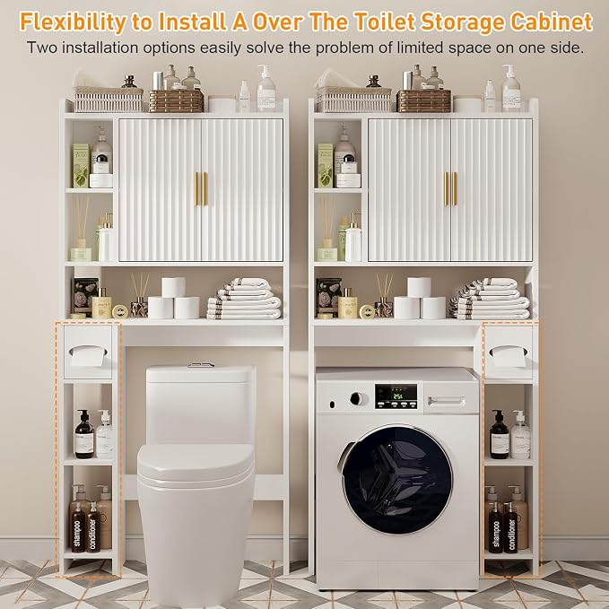 knoworld Fluted Over The Toilet Storage Cabinet, Above Toilet Bathroom Organizer with Toilet Paper Holder, Modern Behind Toilet Cabinet, Space Saver for Restroom, Bathroom, Laundry, White
