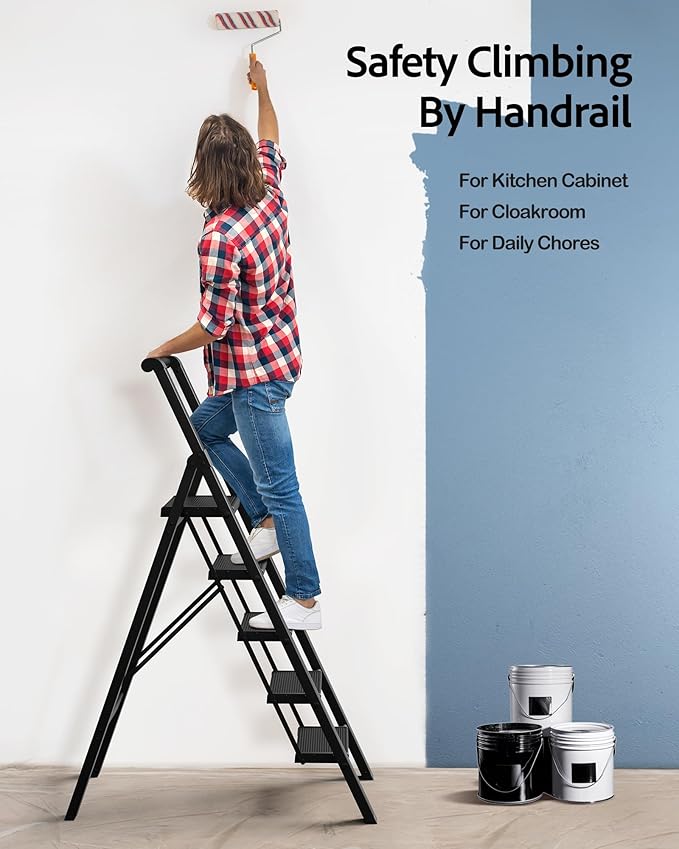 5 Step Ladder, Lightweight Folding Step Stool withConvenient Handgrip,Aluminum 330lbs Capacity Step Ladderfor Office,Household,Kitchen(Black)