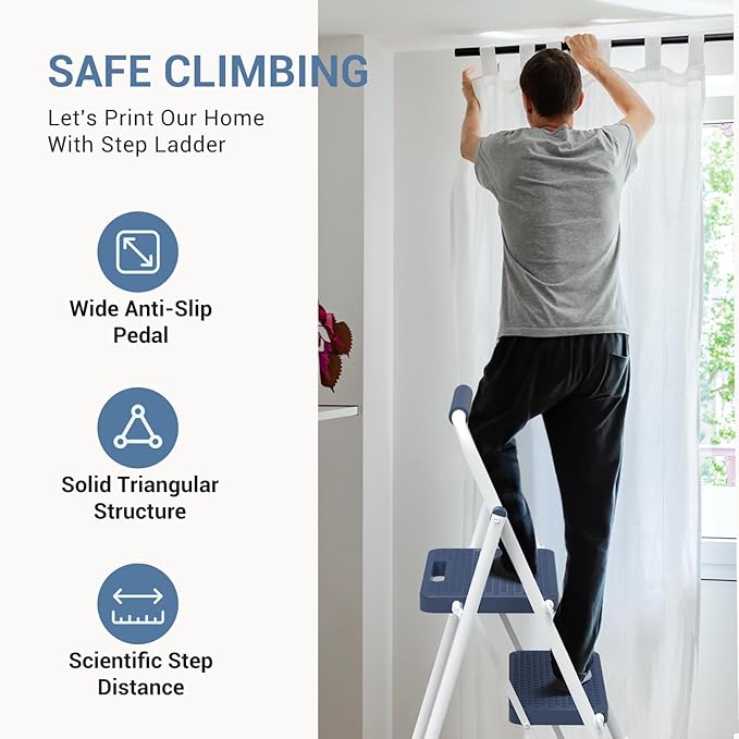 DUMOS Step Ladder, 2 Sturdy Step Stool with Anti-Slip Pedal & Comfortable Handrail, Portable Heavy Duty Step Stool for Kitchen, Garage & Outdoor Use, 800lbs, Calm Blue