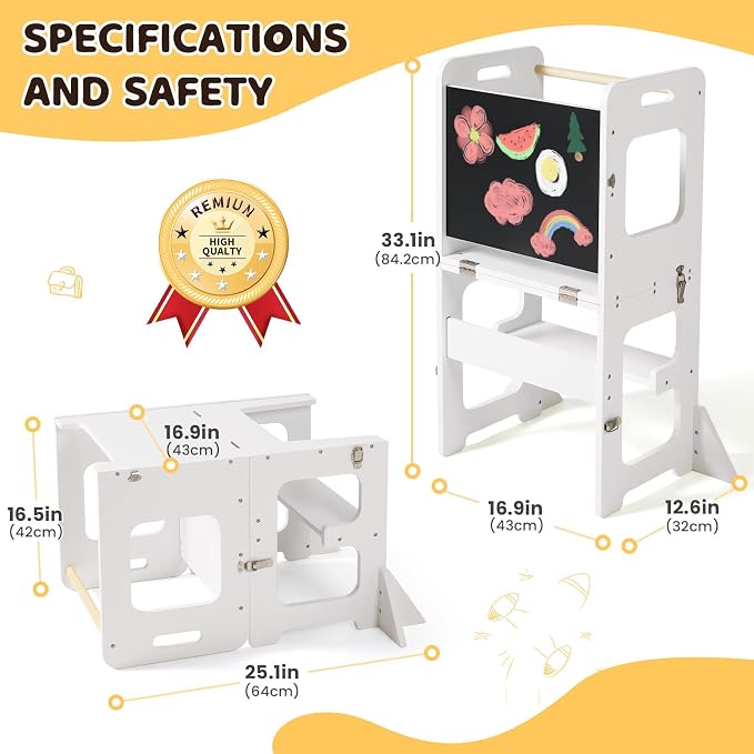 labebe Toddler Standing Tower for 12M+, Montessori Foldable Learning Standing Tower with Blackboard, Anti-tip Structure Design,Wooden Kitchen Step Helper Stool for 1-3 Year Old Boy Girl Gift (White)