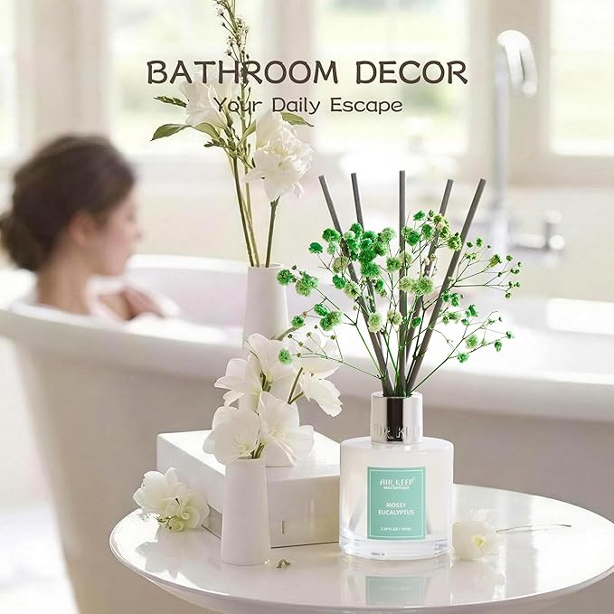 Airkeep Reed Diffuser Set,3.38 fl oz (100 ml) - Moss Eucalyptus Oil Diffusers with 8 Reed Sticks, Home Fragrance Reed Diffuser for Bathroom Shelf Decor