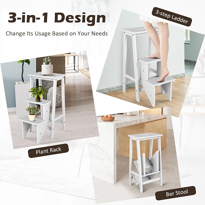 DORTALA 3 Tier Folding Step Stool, Rubber Wood Multifunctional Ladder Chair Bench, Portable Utility Seat, Flower Rack, 200 Lbs Capacity, Ideal for Library, Home (White)