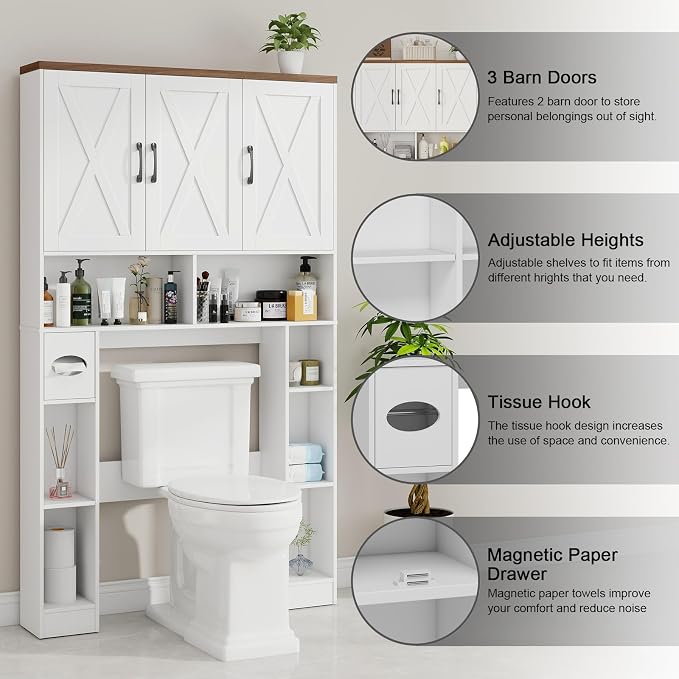 Over The Toilet Storage Cabinet,Farmhouse Toilet Cabinet Rack with 3 Barn Doors,Space Saving Bathroom Organizer with Shelves,Toilet Paper Holder & Towel Rack for Bathroom,Restroom,Laundry,Unique White