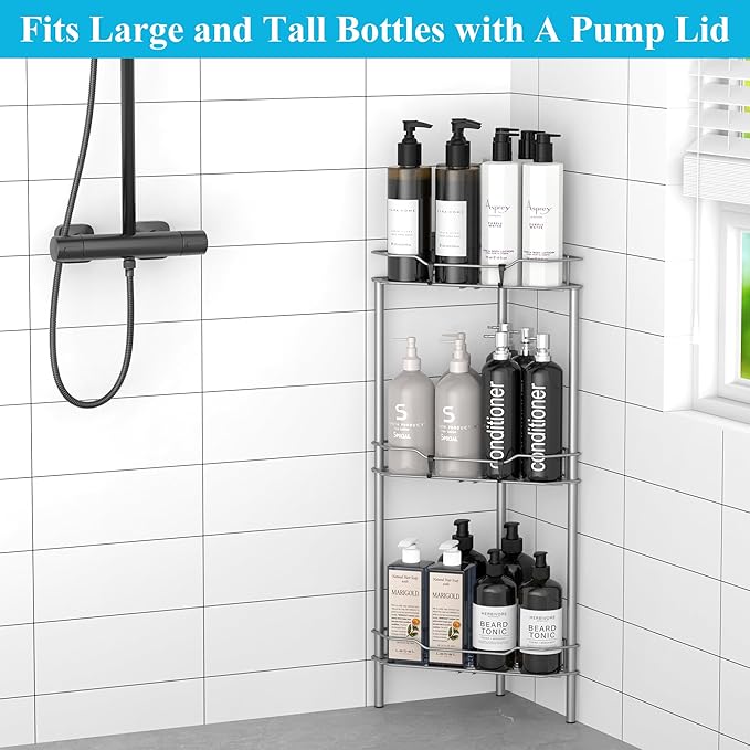 HuggieGems 3 Tier Floor Standing Corner Shower Caddy Organizer Shelf with Hooks, Bathroom Shelves Stand Rack, Gray