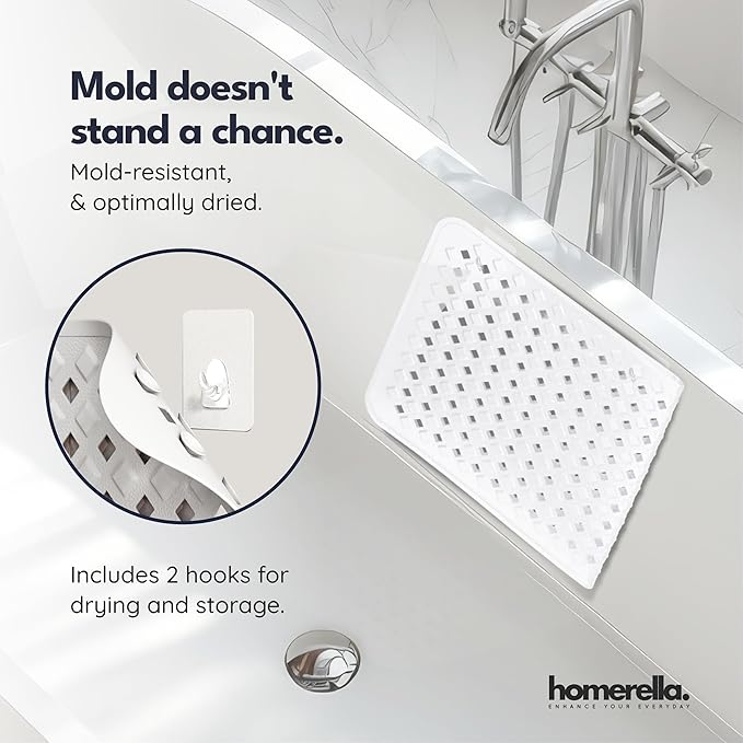 Bathtub Mat Non Slip 28x16 - homerella® Bath Mat Incl. Hooks for Drying, 100% BPA Free, Shower Mat Non Slip Anti Mold, Machine Washable, Shower Mats for Inside Shower Mildew Resistant (White)