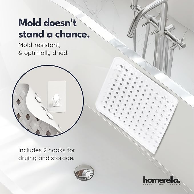 Bathtub Mat Non Slip 35x16 - homerella® Bath Mat Incl. Hooks for Drying, Extra Long, 100% BPA Free, Shower Mat Non Slip Anti Mold, Machine Washable, Shower Mats for Inside Shower Mildew Resistant