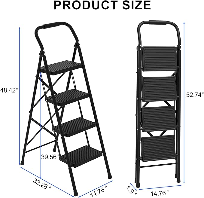 4 Step Ladder Folding 330lbs Anti Slip，Foldable Ergonomic with Wide Pedal for Home, Kitchen, Offic Matte Black