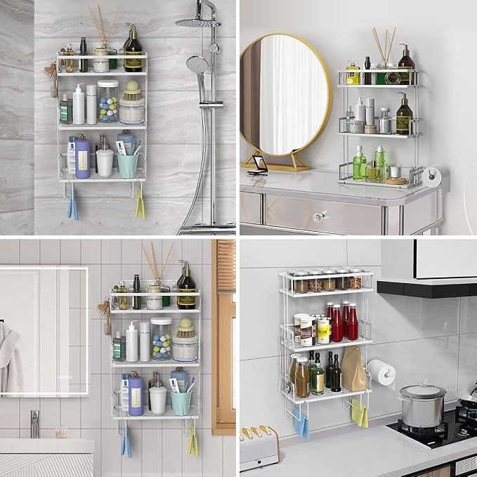 FLOLXNB Over The Toilet Storage,3-Tier Bathroom Organizer Shelves with Paper Holder, Multifunctional Toilet Rack,No Drilling Storage Shelf, Home Storage Space Saver Wall Mounting Design,White