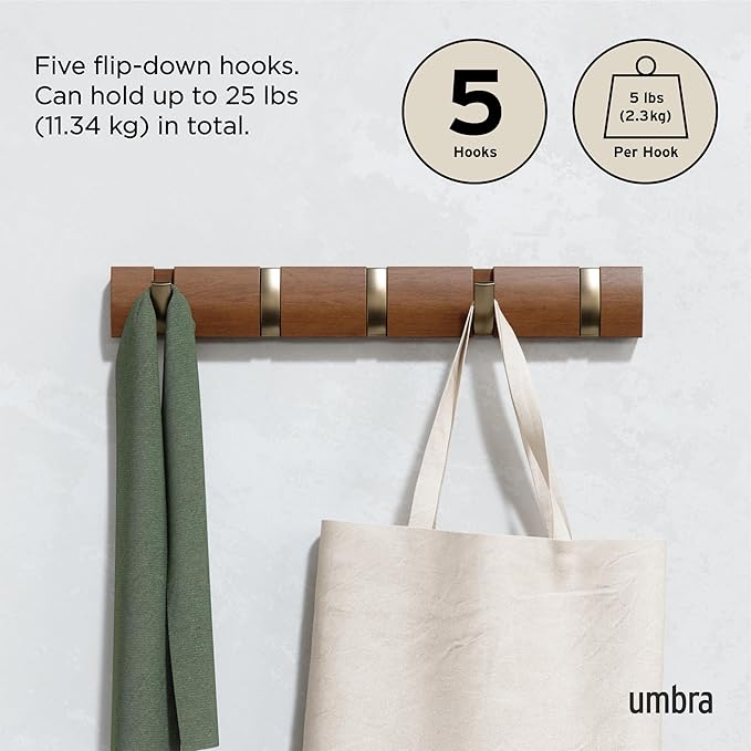 Umbra Flip Wall-Mounted Coat Rack with 5 Hooks – Modern, Space-Saving Storage for Hats, Jackets, Bags, Entryway, Mudroom, Closet, Bathroom, Bedroom – Light Walnut/Gold