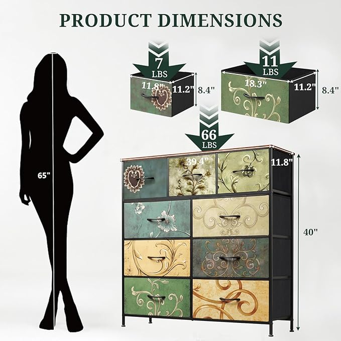 9-Drawer Dresser for Bedroom, Anti-Tip Tall Storage Organizer Chest of Drawers with Wooden Top and Metal Frame Fabric Bins for Closet, Living Room, Hallway, Entryway, Floral Painted