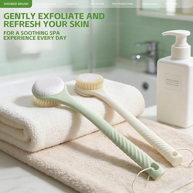 Back Scrubber for Shower with Long Handle, Dual-Sided Bath Brush with Soft Bristles & 150D Exfoliating Cloth, Anti-Slip Grip, Lightweight Back Washer for Shower, Men & Women (Light Yellow)