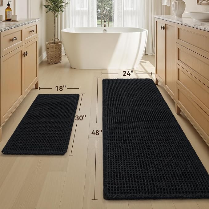 Upgraded Waffle Bath Mat Set of 2 Super Absorbent Non Slip Bath Mats for Bathroom Floor, Washable Boho Bathroom Rugs Set 2 Pieces with Tassels, Soft Bathroom Mat Set, Black, 18" x 30" Plus 24" x 48"