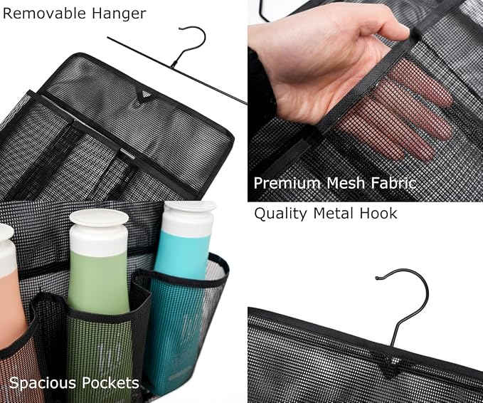 ALYER Mesh Shower Organizer,Shower Caddy with Rotating Detachable Metal Hanger, Quick Dry Bathroom Storage for Toiletry Accessories, Portable Shower Bag for RV,Dorm,Gym and Travel (White)