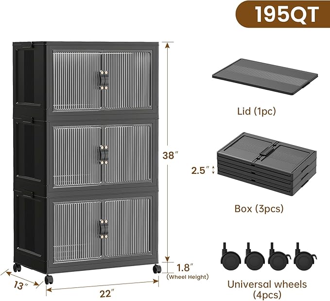 SAILUN 49Gal/195Qt Stackable Storage Bins Folding Collapsible Storage Bins with Lid, Closet Organizers and Storage Box with Door Black 22" W x 13" D x 38" H