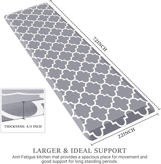 WISELIFE Anti Fatigue Floor Mat - 4/5 Inch Thick Kitchen Mat Non Slip Waterproof Heavy Duty Ergonomic Comfort Mat Durable for Home, Office, Sink, Laundry,(22" x 72", Grey)