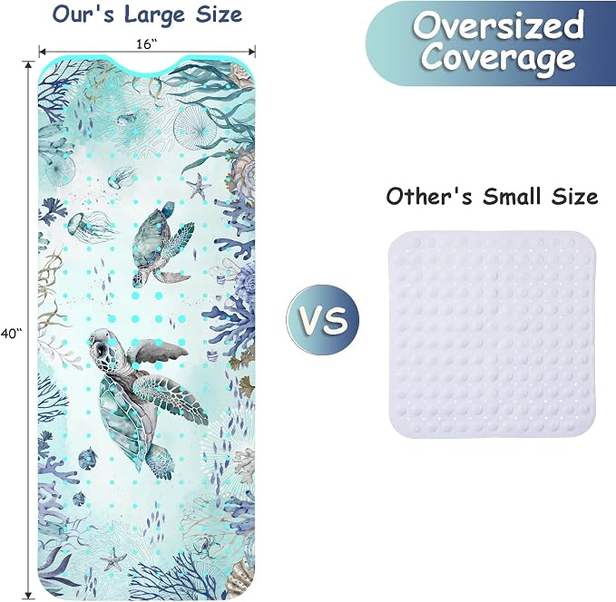 Bathtub Mat Non Slip, Turtle Extra Long Bath tub Mat Shower Floor Mat with Suction Cups and Drain Holes for Adults Kids Elderly 40 X 16 Inch