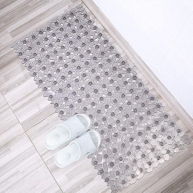 SONGZIMING Bathtub Mat Non Slip Pebble Bath Shower Mat with Drain Holes, Suction Cups Mat for Tub 16" W x 35" L, Clear Grey