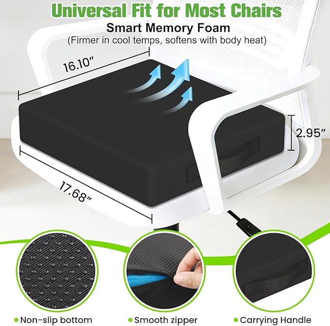 Seat Cushion for Office Chairs, Memory Foam Chair Cushion with Patterned Core for Even Support, Back, Tailbone & Sciatica Relief, Chair Pillow with Carry Handle for Car, Wheelchair(Black)