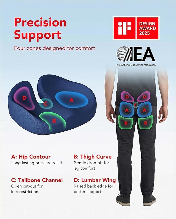 HUANUO Ergonomic Seat Cushion for Office Chair, Extra Large Car Seat Cushion, Tailbone and Back Support, Cooling Gel Enhanced, 4-Zone Pressure Relief Chair Cushions for Office, Car, Wheelchair