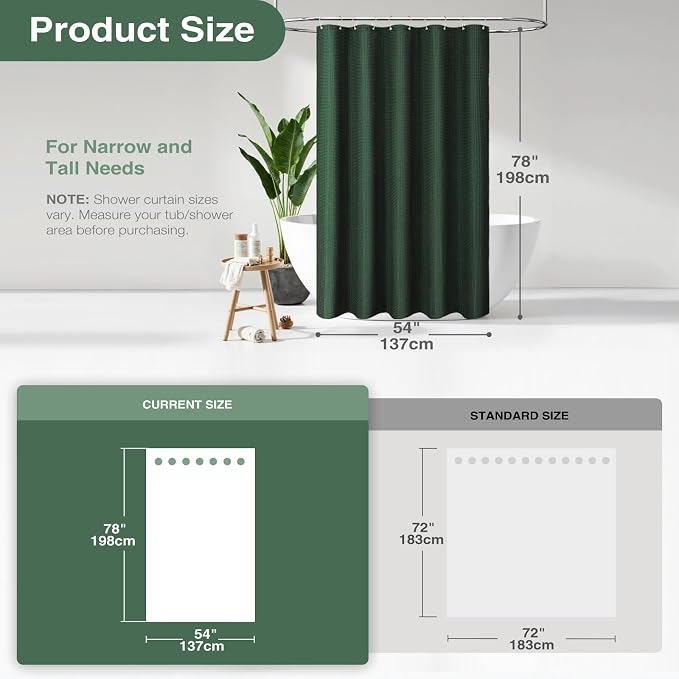 Dynamene Stall Fabric Shower Curtain - 54x78 inch Long Waffle Weave Weighted Thick Cloth Shower Curtains for Bathroom,Heavy Duty Hotel Spa Luxury Bath Curtain Set with 10 Plastic Hooks, Dark Green