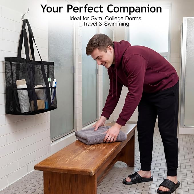 Hosuly 3-in-1 Travel Gym Dorm Shower Kit, Mesh Shower Caddy with 2 Quick Dry Towels and Non-slip Shoes, College Bathroom Essentials for Camping, Hotel and Workout(Gray and Black,10.5–11 Men(eu 44-45))