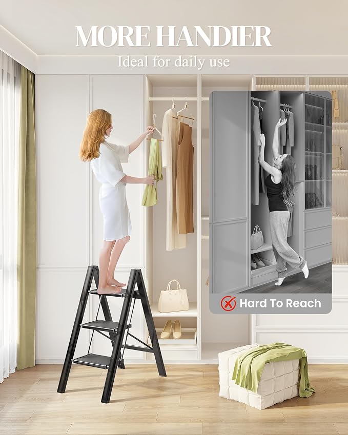 3 Step Ladder, Folding Step Stool with Wider Pedal, Anti-Slip Feet & Non Slip Stripes, Aluminum Sturdy Material, 300Lbs Capacity, Elegant Look of Piano Black Better Matches Your Home