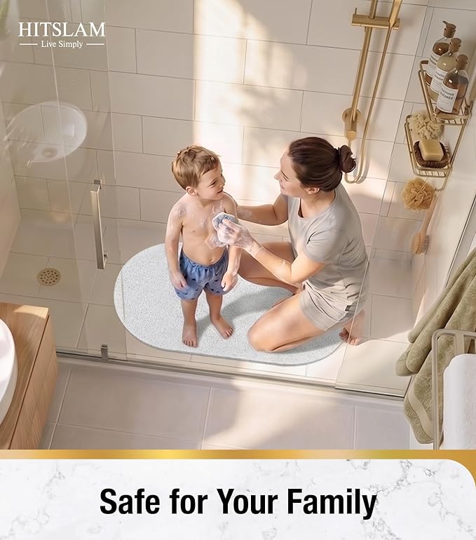 HITSLAM Oval Loofah Shower Mat Non Slip, 27x16 Inch Bath Mat for Textured Tub & Inside Shower Stall, No Suction Cups Quick Drying PVC Porous Floor Mat, Soft Foot Exfoliating Bathtub Mat, White