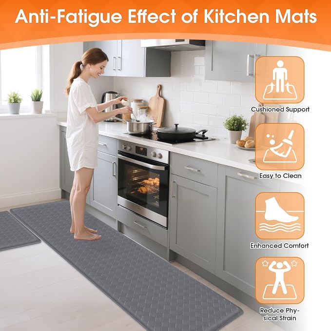 TranquilRelax 2-Piece Anti-Fatigue Kitchen Mats, Cushioned Non-Slip Waterproof Sink & Stove Floor Mats, Comfortable Standing Rug Set for Kitchen, Laundry & Entryway, Grey