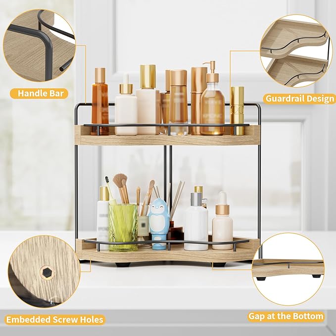 2-Tier Corner Bathroom Counter Organizer with Embedded Screw Holes, Secure & Stable Wood Vanity Shelf for Makeup and Skincare Essentials - Space Saving Bathroom Countertop Storage, ‎‎Light Walnut