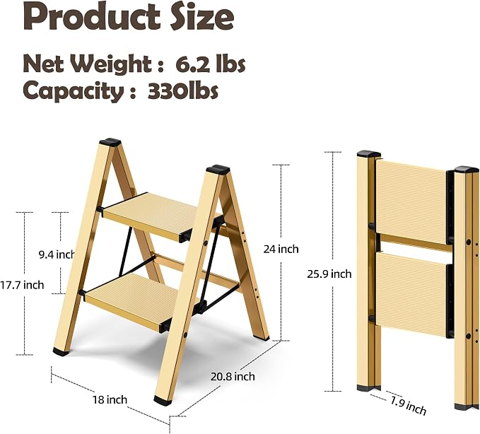 Taranta 2 Step Ladder,Aluminum Lightweight Folding 2 Step Stool with Anti-Slip Wide Pedal,330lbs Capacity Step Ladder for Household,Kitchen,Office - Gold