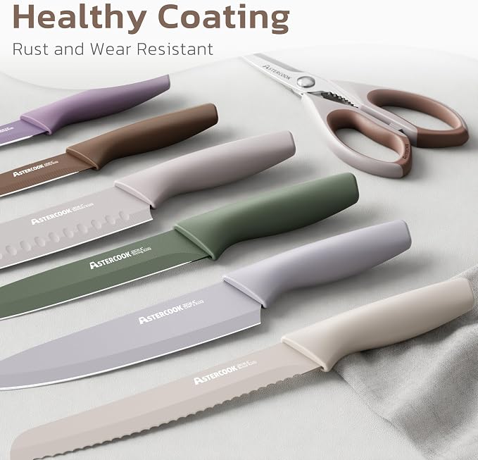 Astercook Knife Set, 13 Pieces Kitchen Knives Set with Healthy Anti-Rust Coating, Dishwasher Safe, Stainless Steel Chef Knife Sets with 6 Blade Guards, Fathers Day Gift for Men Morandi