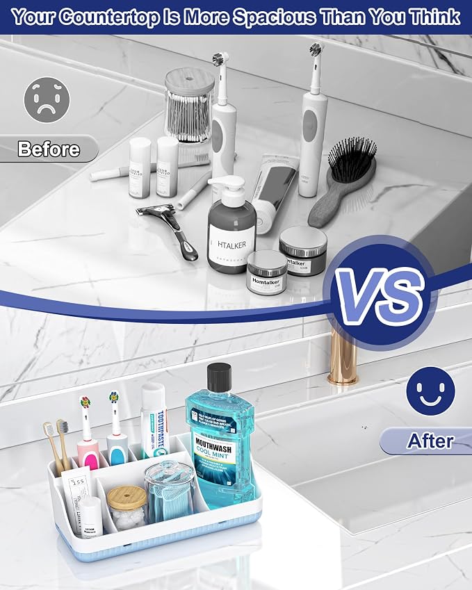 Bathroom Counter Organizer and Storage, 7 Slots Detachable Toothbrush Holders for Bathrooms, Anti-Slip Electric Toothbrush and Toothpaste Holder Countertop Vanity Organizer Accessories for Adults Kids