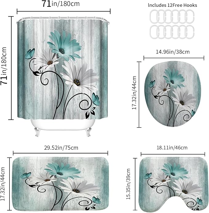 Onalasyc 4PCS Teal Daisy Country Farmhouse Shower Curtain Set with Shower Curtain and Carpet and Accessories, Waterproof Bathroom Shower Curtain Decorative Set with 12 pcs Hooks,71 x 71in
