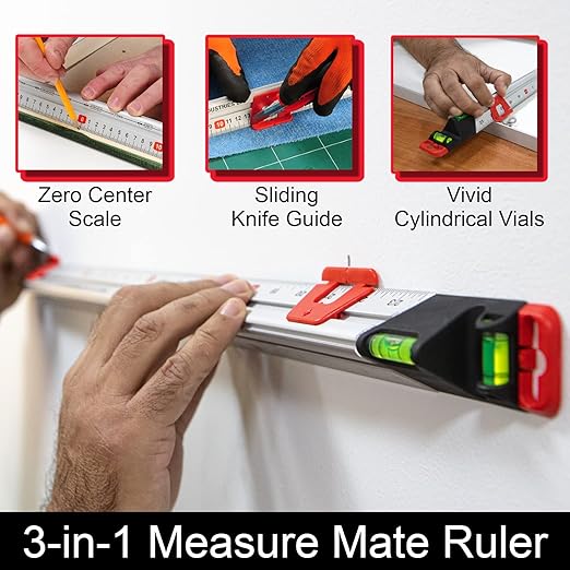 Kapro - 313 Measure Mate - Ultimate Home-Improvement Tool - with Level and Ruler - Features Sliding Markers and Knife Guide - Includes Nail Gripper and Drill Bit Gauge - 48 Inch