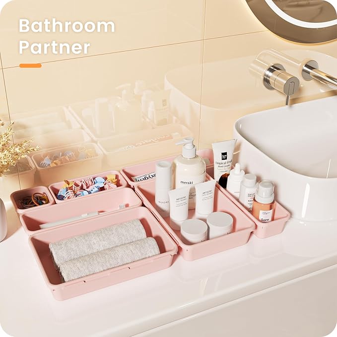 A-LuGei 【Military Grade Drawer Organizer, 【𝟱𝗦𝗶𝘇𝗲】 Makeup organizer, 【Holds 177 Items】 Bathroom Organizers and Storage, Organization and Storage, Desk Drawer Organizer for Vanity (Pink)