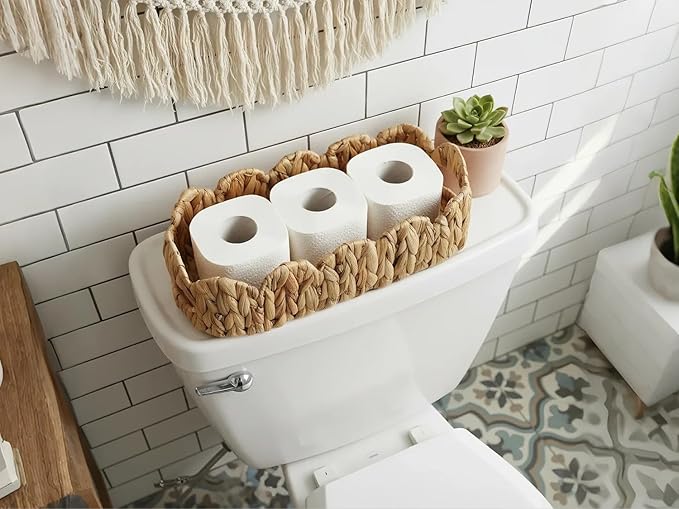 Coeusy 2 Pack Toilet Baskets,Scalloped Edge Wicker Basket for Toilet Paper Storage,Small Baskets for Bathroom,Living Room,Countertop, Shelves,Both Organizer&Decor,Natural Water Hyacinth
