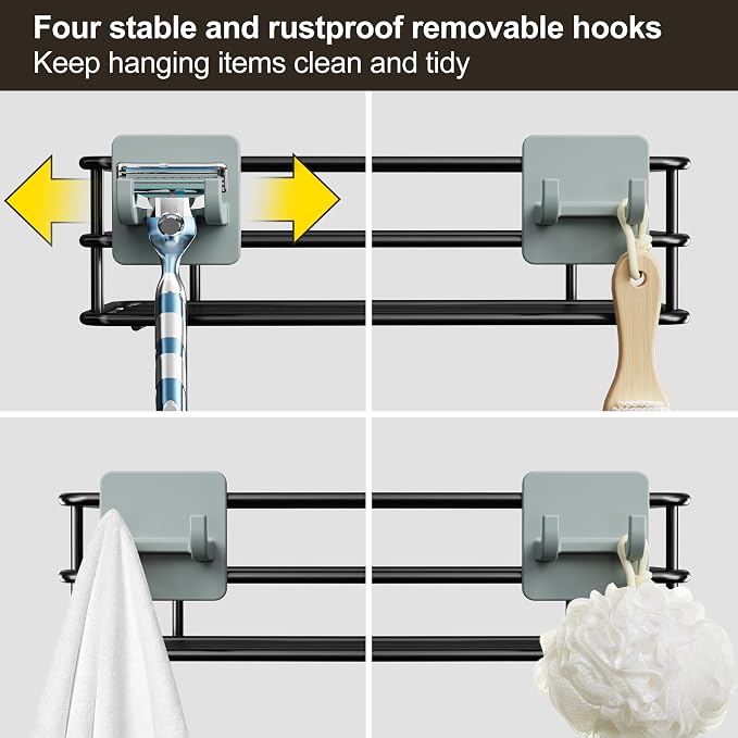 Orimade Adjustable Anti-slip Hanging Shower Caddy over Shower Head,Rustproof Bathroom Hanging shower Organizer with 4 Hooks for Razor,No Drilling Shower shelves Storage Rack,Black 4 Tier