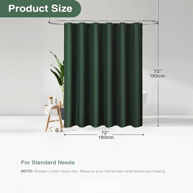 Dynamene Dark Green Fabric Shower Curtain - Waffle Weave Textured Heavy Duty Cloth Shower Curtains for Bathroom, 256GSM Hotel Luxury Weighted Bath Curtain Set with 12 Hooks,72x72, Dark Green