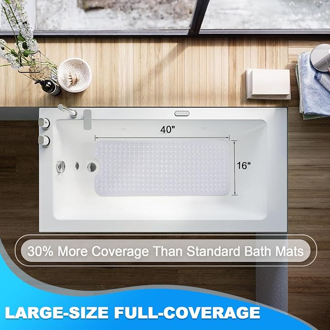 Bathtub and Shower Mats, 40x16 Inch Extra Large Non Slip Soft Bath Tub Mat with Suction Cups and Drain Holes for Bathroom Floor and Keep Tubs Clean, Machine Washable, White