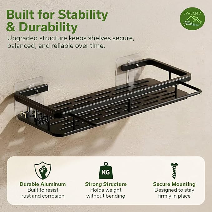 EVALAND Shower Caddy Adhesive 2-Pack with Hooks and Rod for Towels, Black – Premium Bathroom Shower Shelves, Shampoo Organizer, Bathtub Shelf, Rustproof, Easy Installation, Sturdy Modern Look