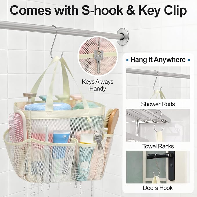 F-color Mesh Shower Caddy Portable, Upgrade Deeper 7 Pockets Shower Bag Basket Tote for College Dorm Room Toiletry Bathroom Essentials Gym Camp Quick Dry 2 handles with S Hook, Butter White