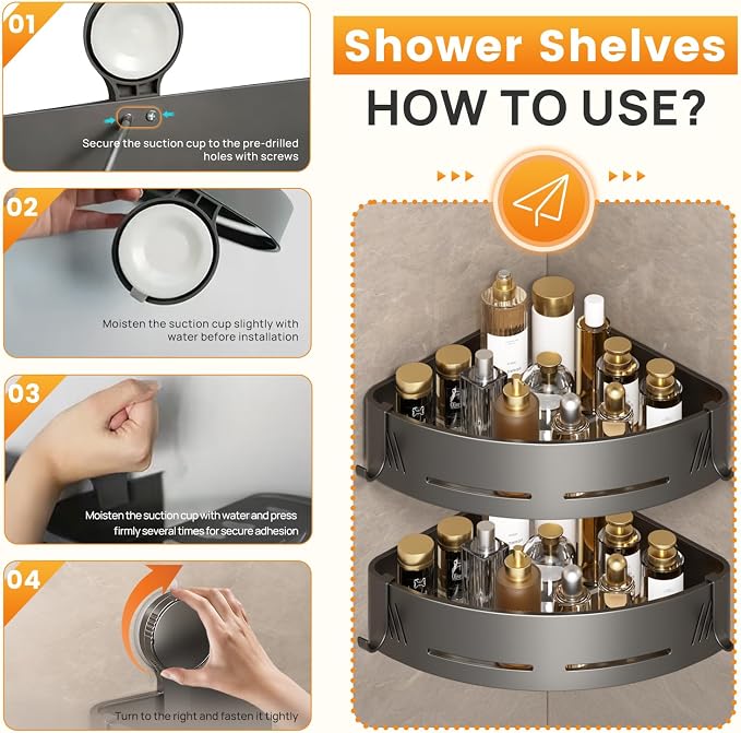 Corner Shower Caddy 2-Pack, Suction Cup Shower Organizer with Hooks, No Drilling Rustproof Aluminum Floating Wall Shelf, Gun Grey, Triangular (Triangular)