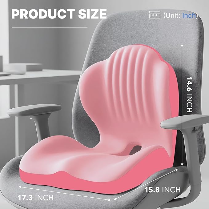 Ergonomic Seat Cushion, Office Chair Seat Cushions with L-Shaped Integrated Design, Memory Foam Orthopedic Cushion with Coccyx Hollow, Lumbar Support & Tailbone Pain Relief for Long Sitting (Pink)