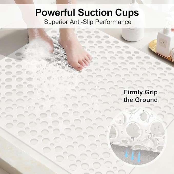 Anti Slip Shower Mat with Suction Cups,27x27 Inch Quick Drain TPE Non Slip Shower Mats for Inside Shower,Large Bath Mat for Shower Soft on Feet, Easy to Dry&Cut Machine Washable