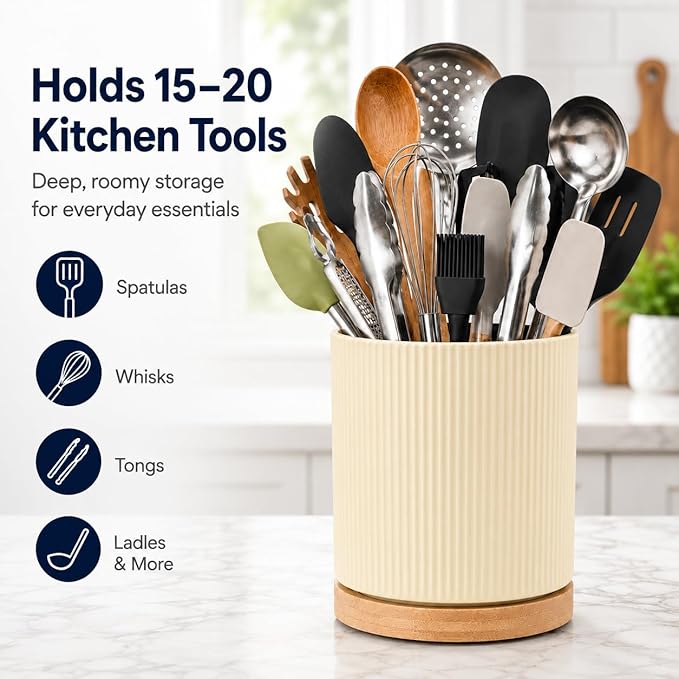 QUELIEN Utensil Holder, 360° Rotating Ceramic Kitchen Utensil Holder for Countertop, 7.7" Utensil Crock for Kitchen Counter with Rotatable Wooden Base,Ideal Housewarming Gift & Mothers Day Gift