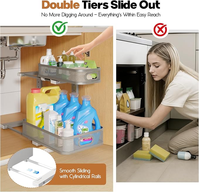 2 Pack 19.3IN-Depth Under Sink Organizer with Smooth Cylindrical Rail,2-Tier Pull Out Multi-Purpose Cabinet Storage for Bathroom&Kitchen,Height Adjustable,Rust-Resistant Coating-Gun Gray
