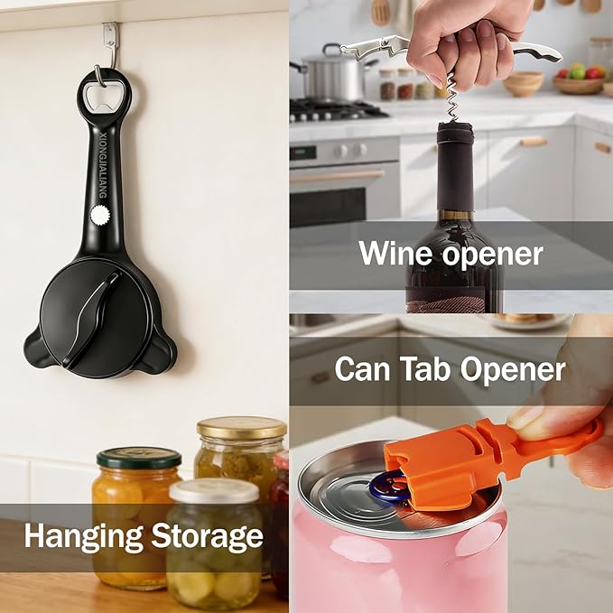 Adjustable Jar Opener for Weak Hands, 4-in-1 Multi-Function Manual Bottle Opener and Corkscrew Set for Seniors with Arthritis, Universal Lid Gripper Kitchen Gadget for All Jar Sizes (Black)