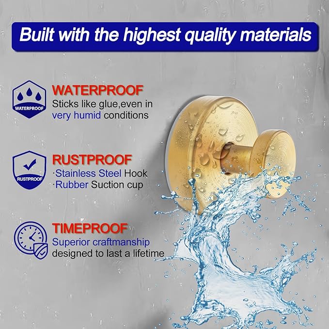Bntuk Suction Cup Hooks for Shower, Removable Towel Hooks for Bathroom Window Glass Door Wall, Bath Robe Looafh Hook for Hanging - 4 Pack, Gold