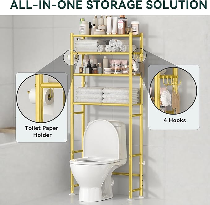 GloTika 4-Tier Over The Toilet Storage, 200lb Total Capacity Metal Bathroom Organizer with 36" Clearance, Includes Paper Holder & 4 Hooks, Space Saving Rack for Bathroom Laundry Room (64" H, Gold)