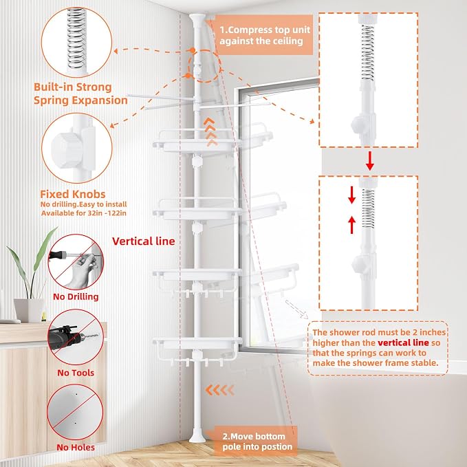 XLHOMO 32-122inch Corner Shower Caddy Tension Pole All White, Rustproof Drill-Free Shower Shelves for Bathroom Bathtub Washbasin, Adjustable Shower Organizer with 4 Tier Patent Shelves & Towel Bars
